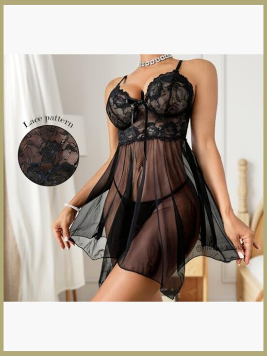 Sexy Lace Babydoll Chemise Nightgown with Thong Set - Picture 6 of 7